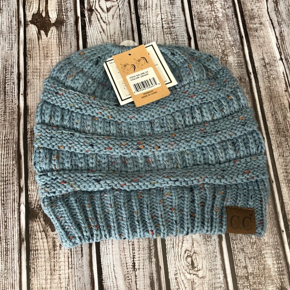 C.C Denim Color Confetti Messy-bun Beanie New - Picture 2 of 4